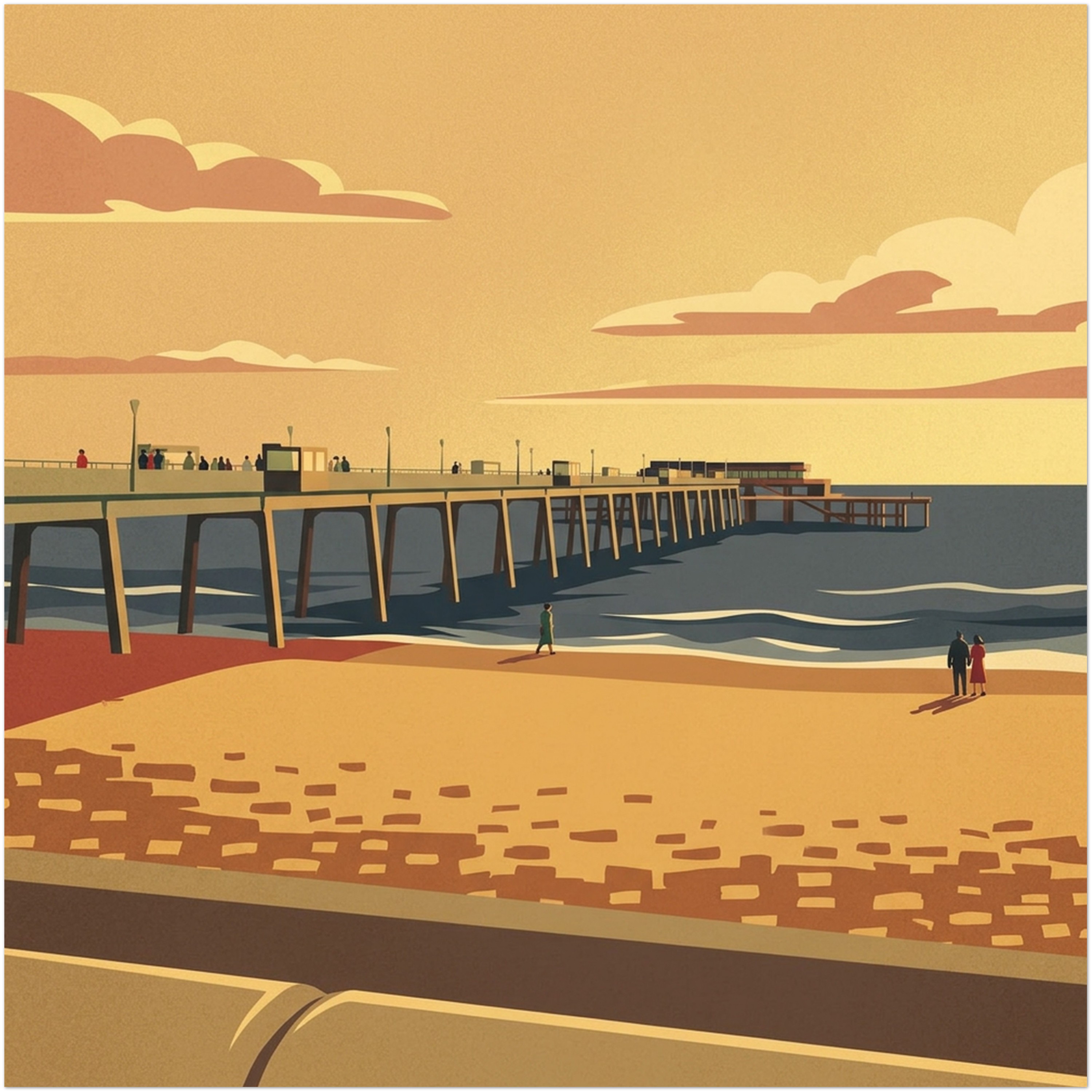 Deal Pier Art Print, Square Retro Kent Poster, 25cm to 70cm, Framed or Unframed