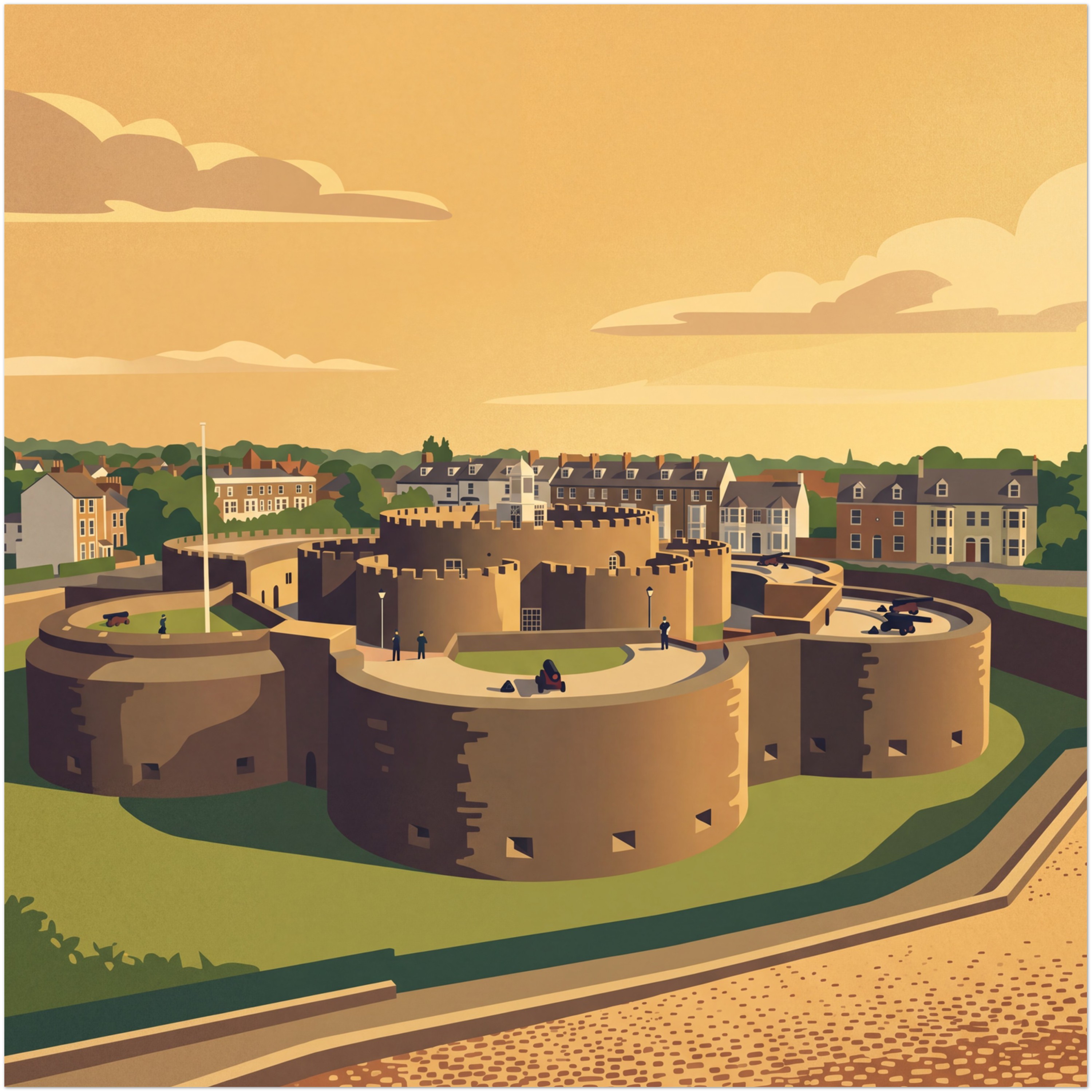 Deal Castle Art Print, Square Retro Kent Poster, 25cm to 70cm, Framed or Unframed