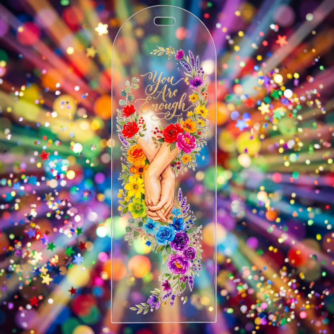 Rainbow Floral Intertwined Hands Clear Acrylic Bookmark