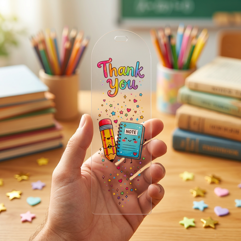 Kawaii Pencil & Notebook Acrylic Bookmark – Thank You Design