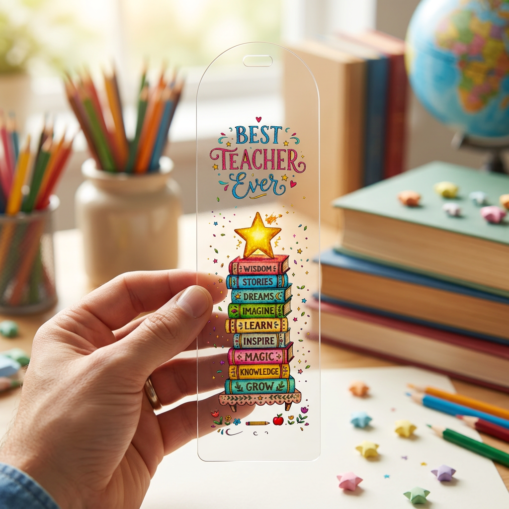 Best Teacher Ever Acrylic Bookmark, Tower of Books Design
