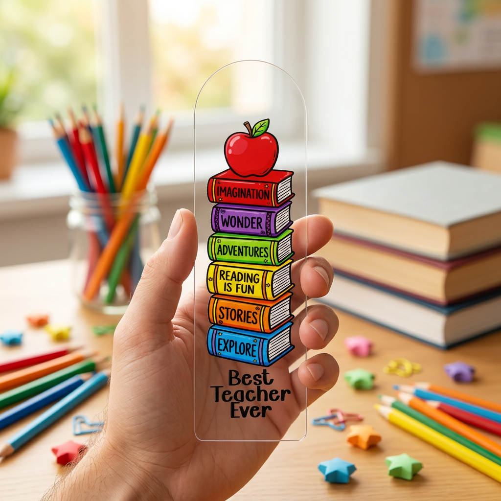 Best Teacher Ever Acrylic Bookmark, Stacked Books & Apple Design