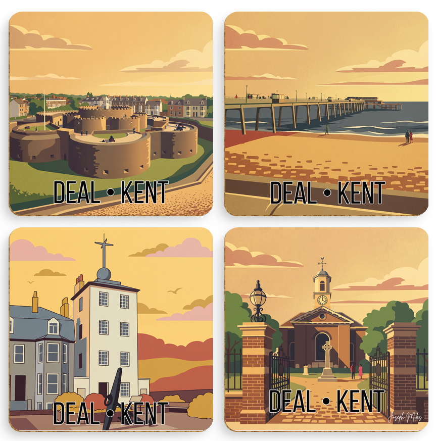 Deal Kent Coaster Set of 4, Cork-Backed 96mm, Castle, Pier, Timeball Tower & St George's