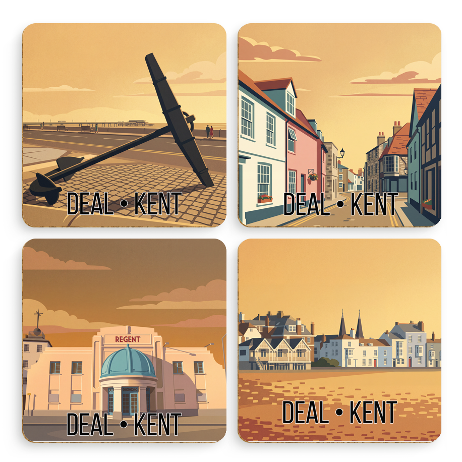 Deal Kent Coaster Set of 4, Cork-Backed 96mm, Anchor, Middle Street, Regent & Seafront