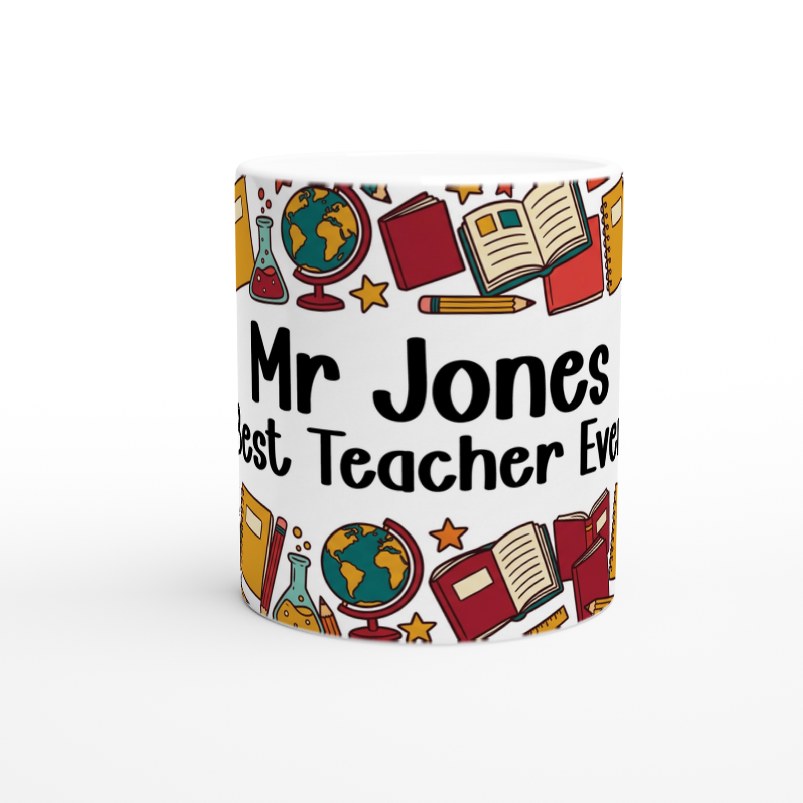 Personalised KS2 Teacher Mug, 11oz Ceramic, Globes, Science & Open Books Design