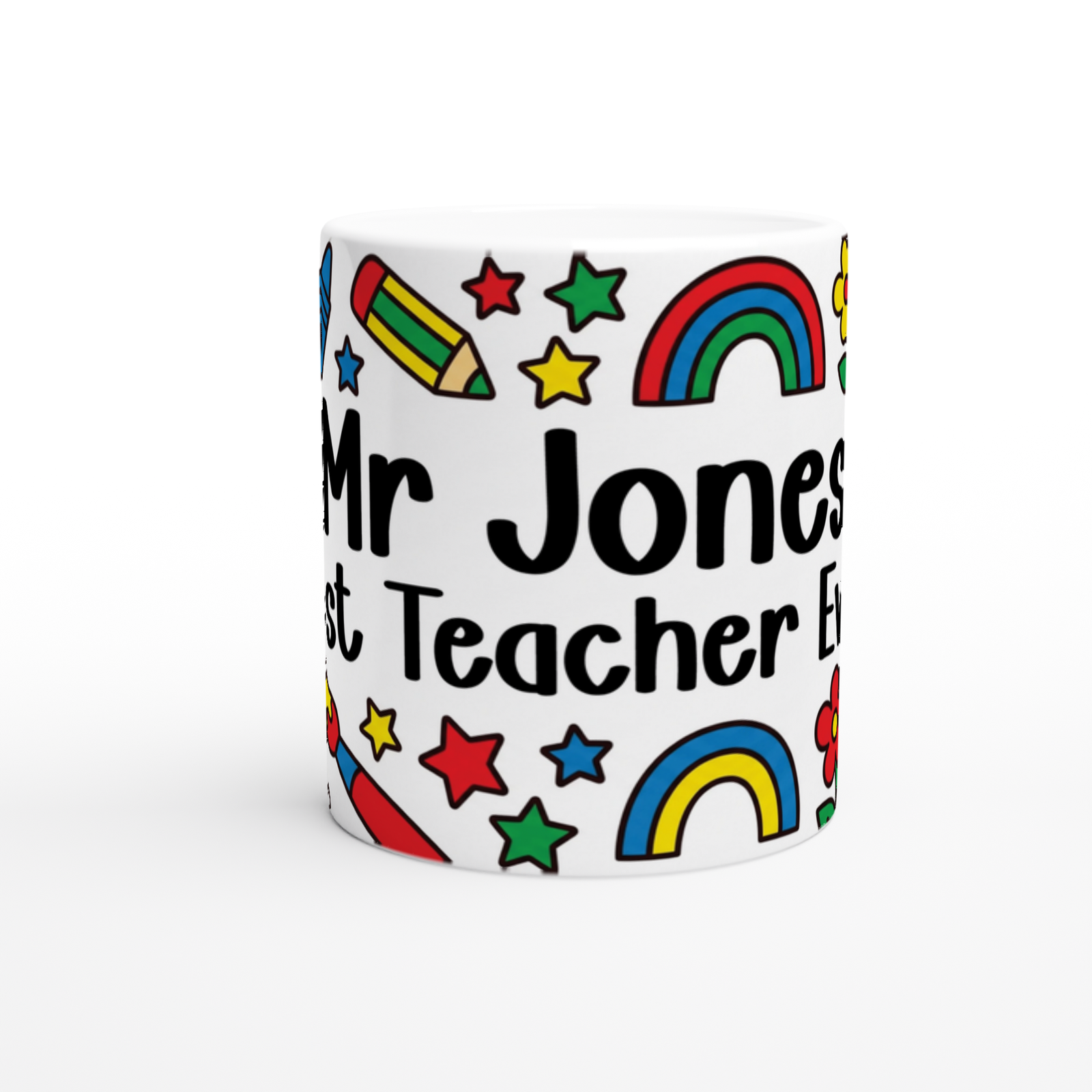 Personalised Teacher Mug, Pencils, Crayons & Rainbows Design