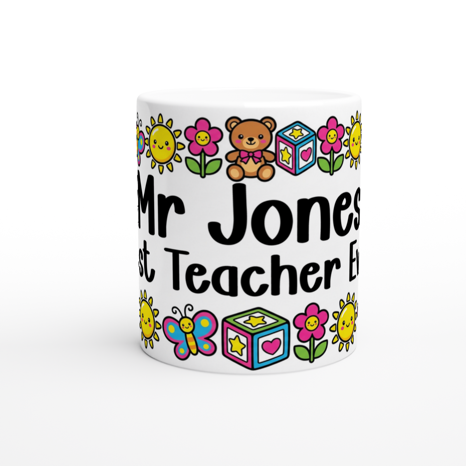 Personalised Kawaii Teacher Mug, Teddy Bears, Suns & Flowers
