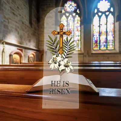 He Is Risen Acrylic Bookmark, Easter Cross with Lilies