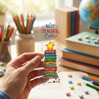Best Teacher Ever Acrylic Bookmark, Tower of Books Design