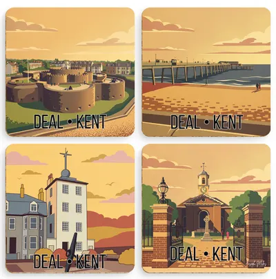 Deal Kent Coaster Set of 4, Cork-Backed 96mm, Castle, Pier, Timeball Tower & St George's