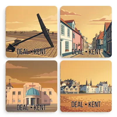 Deal Kent Coaster Set of 4, Cork-Backed 96mm, Anchor, Middle Street, Regent & Seafront