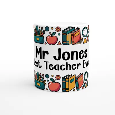 Personalised KS2 Teacher Mug, 11oz Ceramic, Books, Apples & Magnifying Glass Design