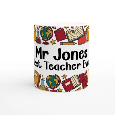 Personalised KS2 Teacher Mug, 11oz Ceramic, Globes, Science & Open Books Design